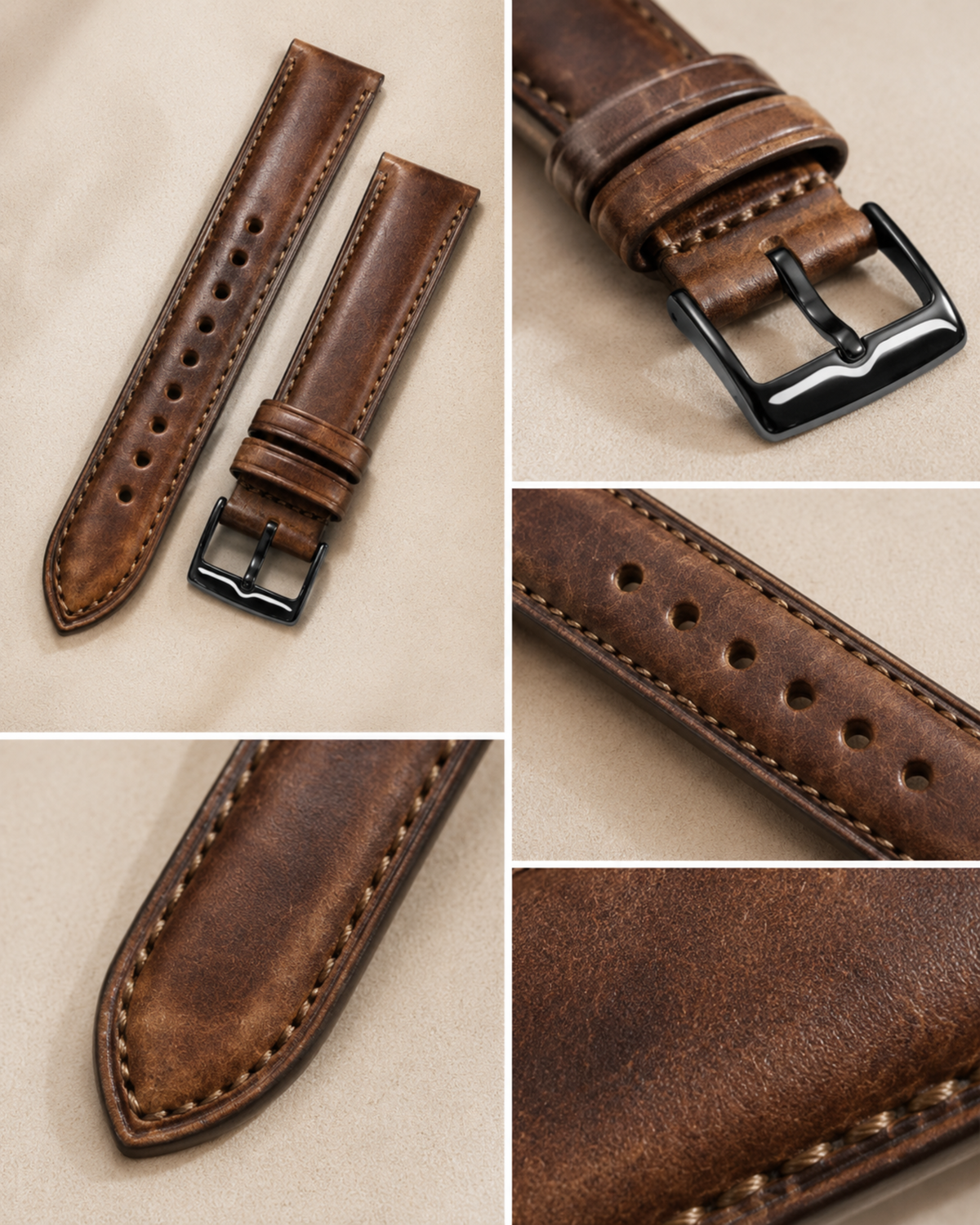 Vintage Waxed Cowhide Leather Watch Strap 18 19 20 21 22mm