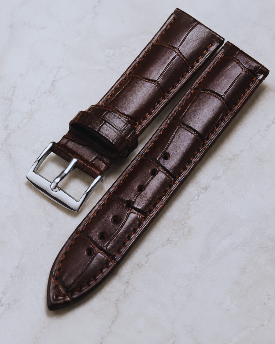 Vintage Brown Crocodile-Embossed Leather Watch Strap with Silver Buckle