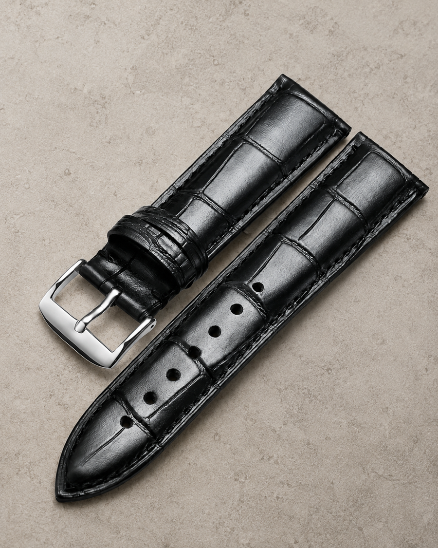 Black Genuine Leather Watch Strap with Black Stitching and Silver Buckle