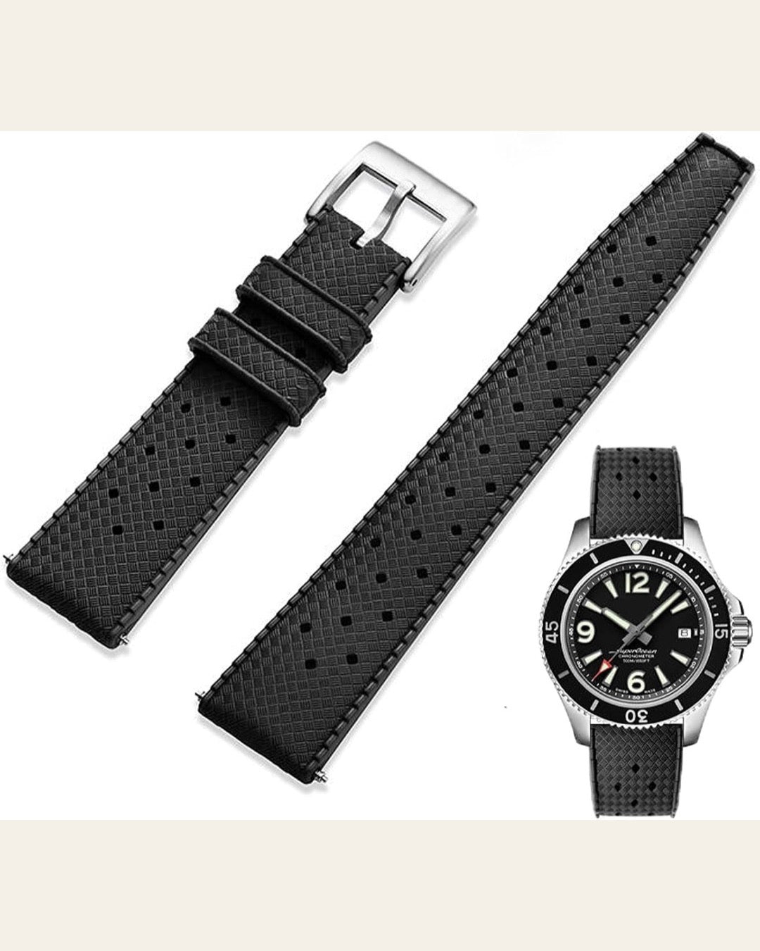 Black Tropical-Style FKM Rubber Watch Strap — 20mm