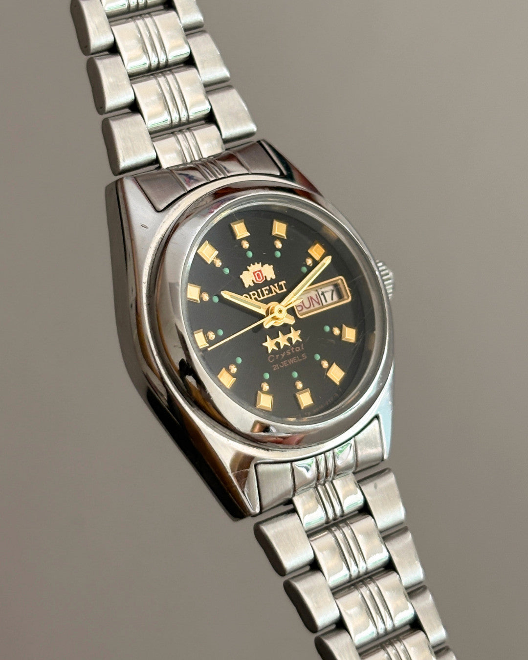 Orient 3 Star Black Dial 21J Automatic Day Date Vintage Watch Japan image 2