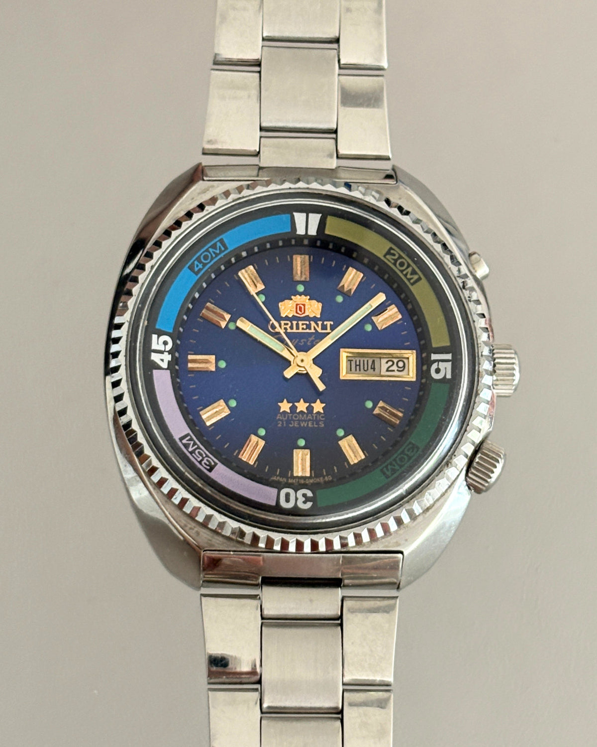 Orient Crystal 3 Star Blue Dial 21J Automatic Day Date Men’s Watch image 1