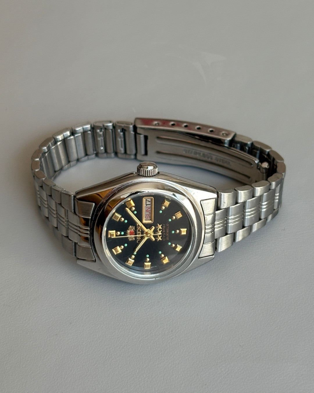 Orient 3 Star Black Dial 21J Automatic Day Date Vintage Watch Japan image 8