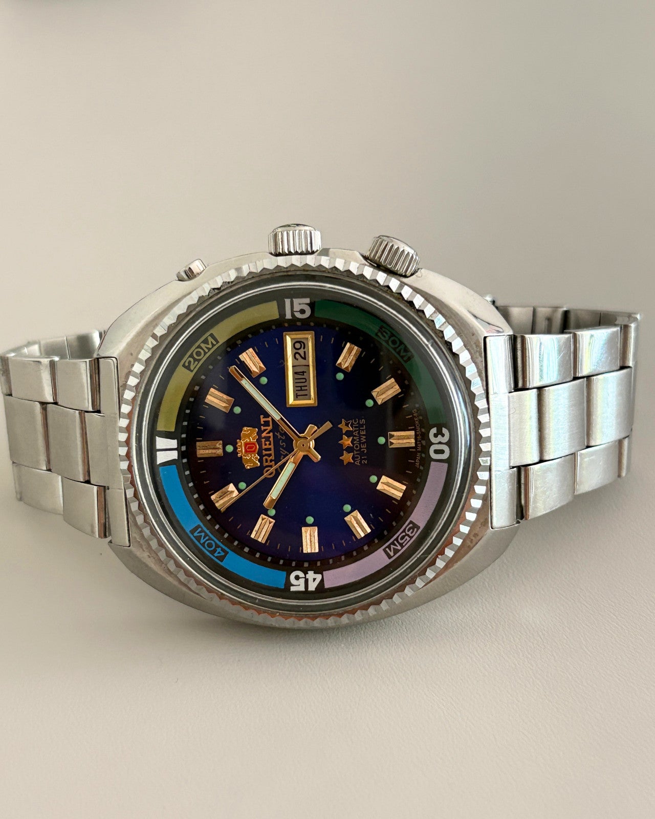 Orient Crystal 3 Star Blue Dial 21J Automatic Day Date Men’s Watch image 7