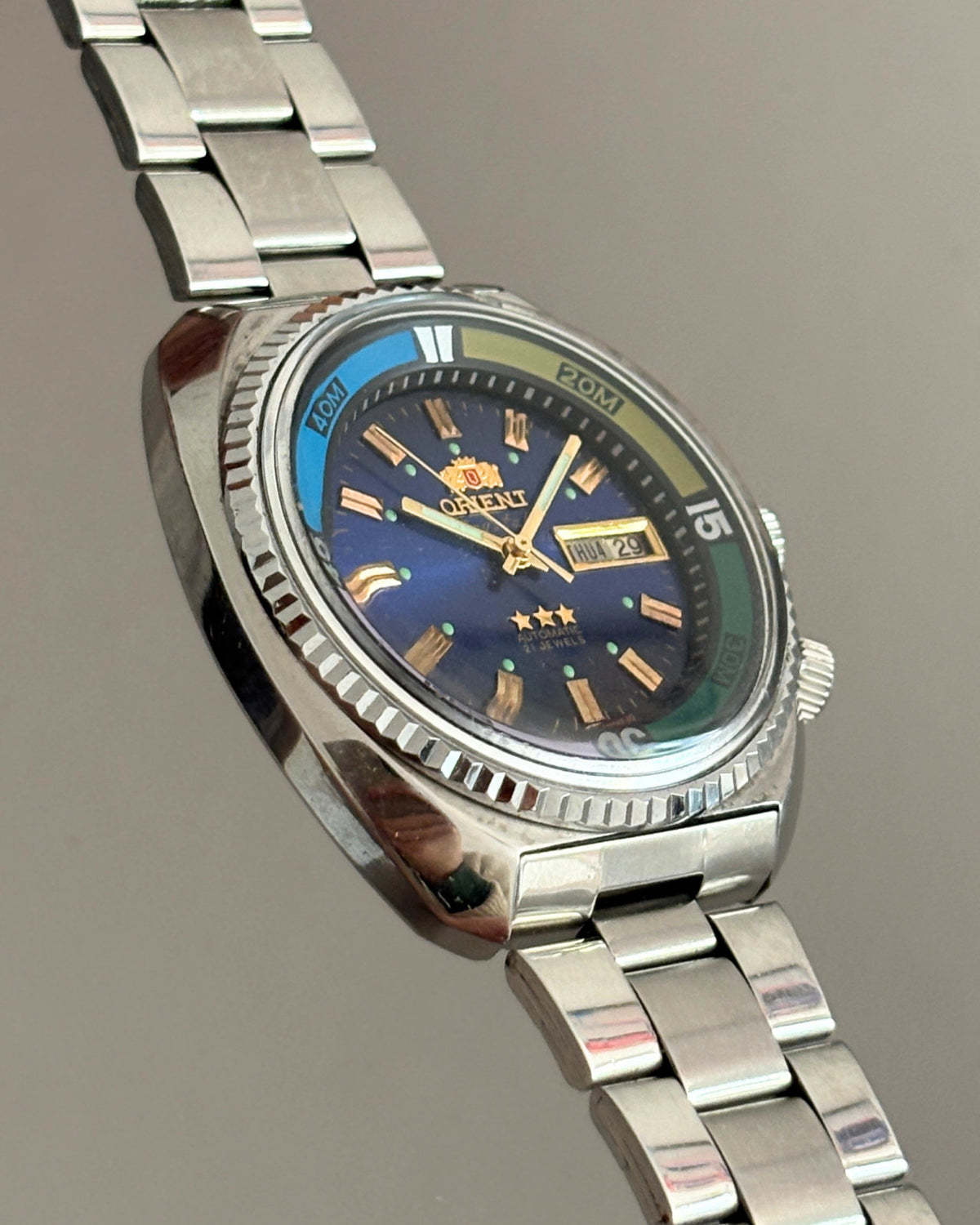 Orient Crystal 3 Star Blue Dial 21J Automatic Day Date Men’s Watch image 2