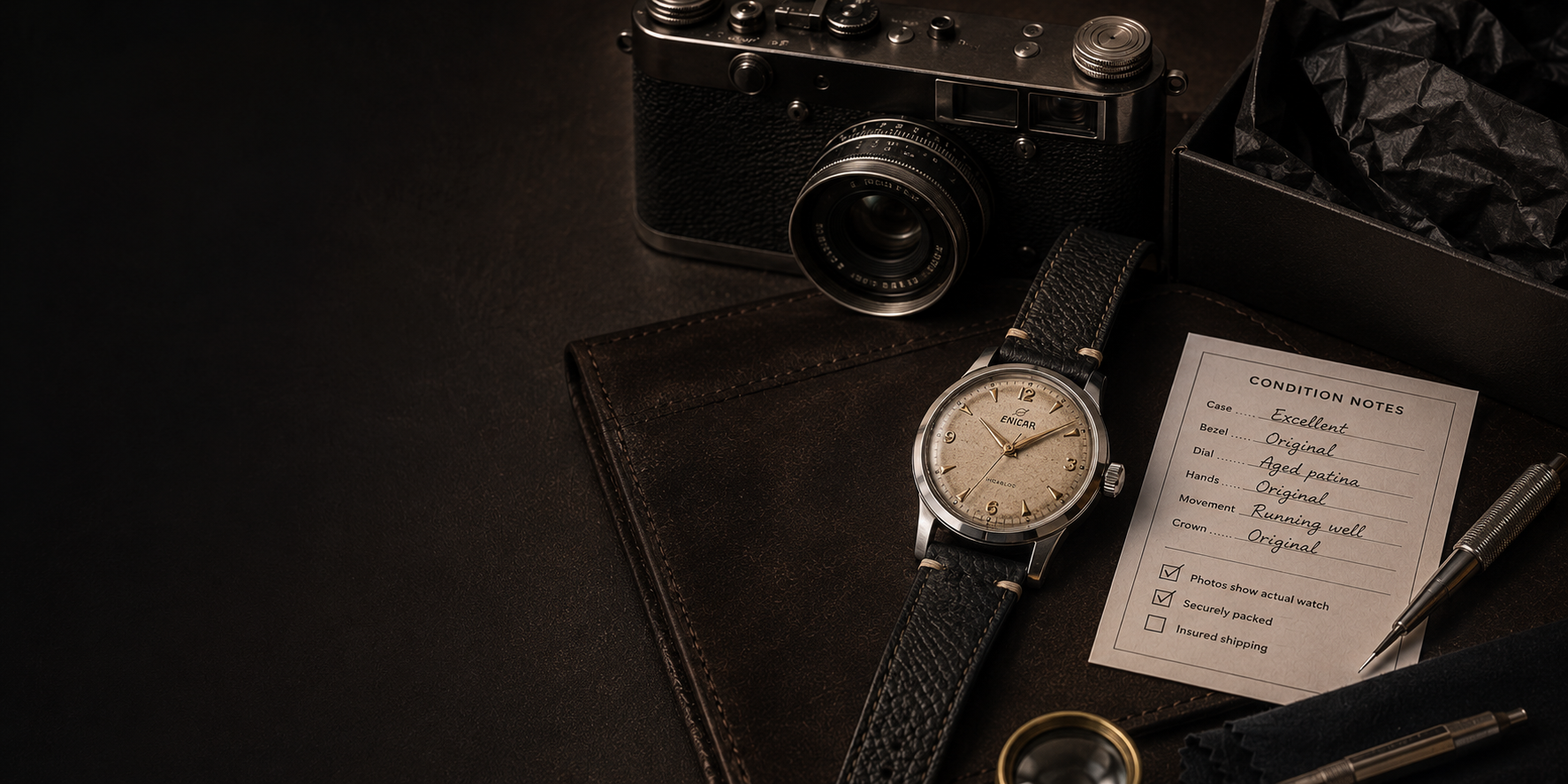 Watch condition review desk with inspection notes, loupe, and photographed vintage watch