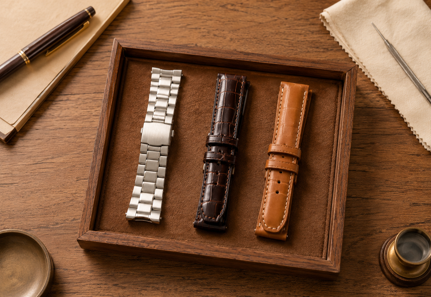 Bracelet, croc leather, and calf leather strap examples